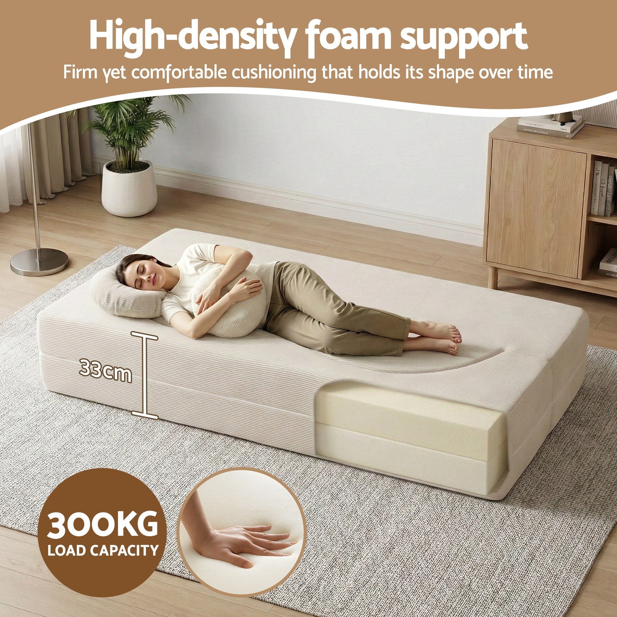 2-in-1 Corduroy Foam Floor Sofa - Beige - Homecoze