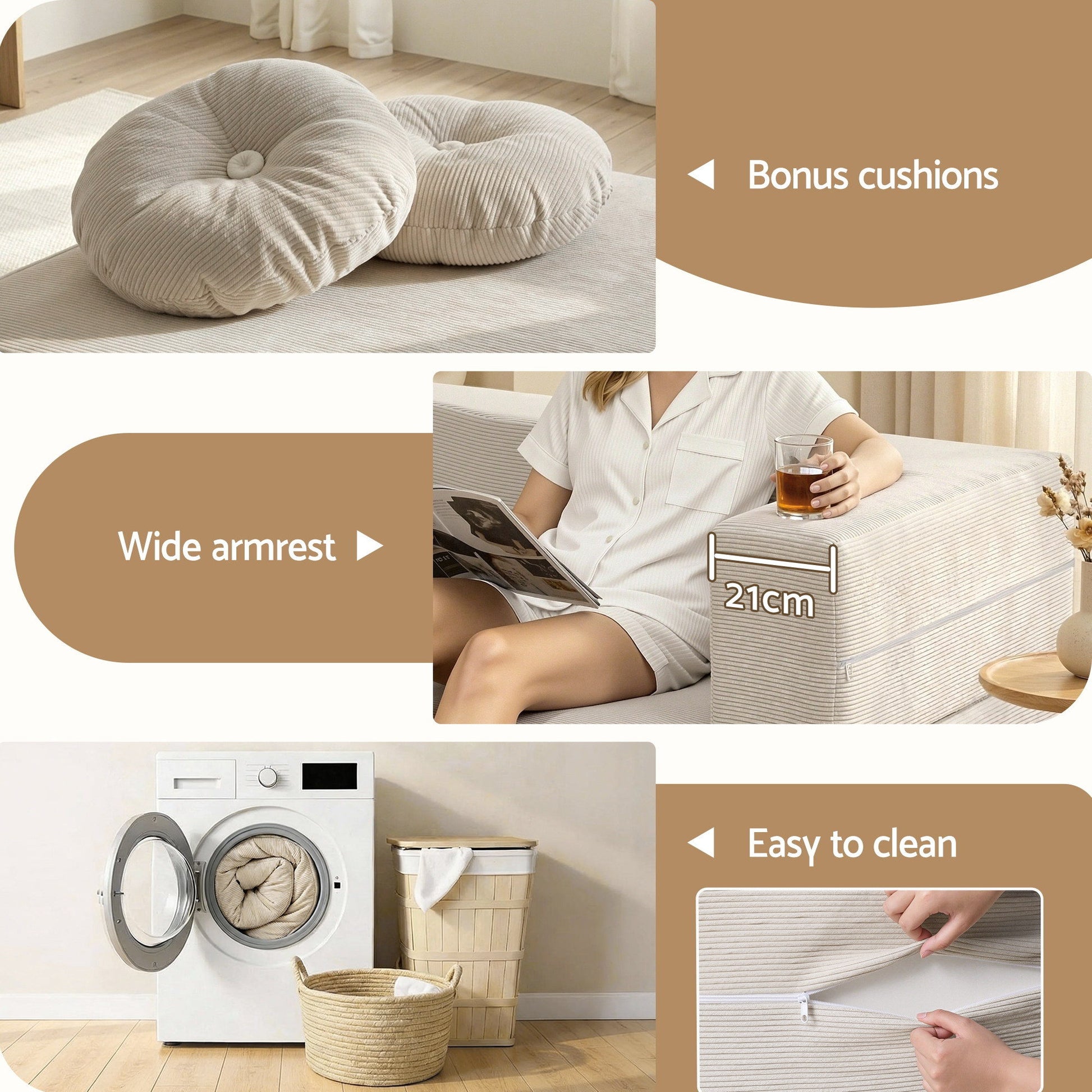 2-in-1 Corduroy Foam Floor Sofa - Beige - Homecoze
