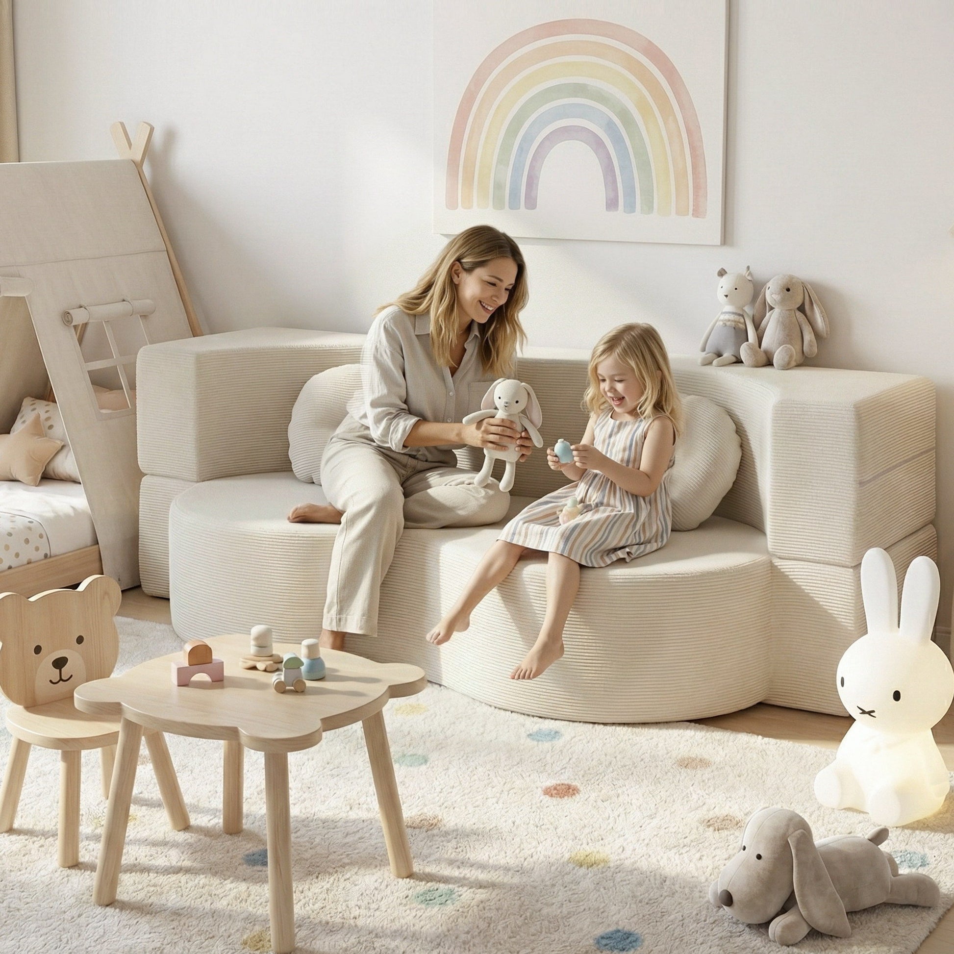 2-in-1 Corduroy Foam Floor Sofa - Beige - Homecoze