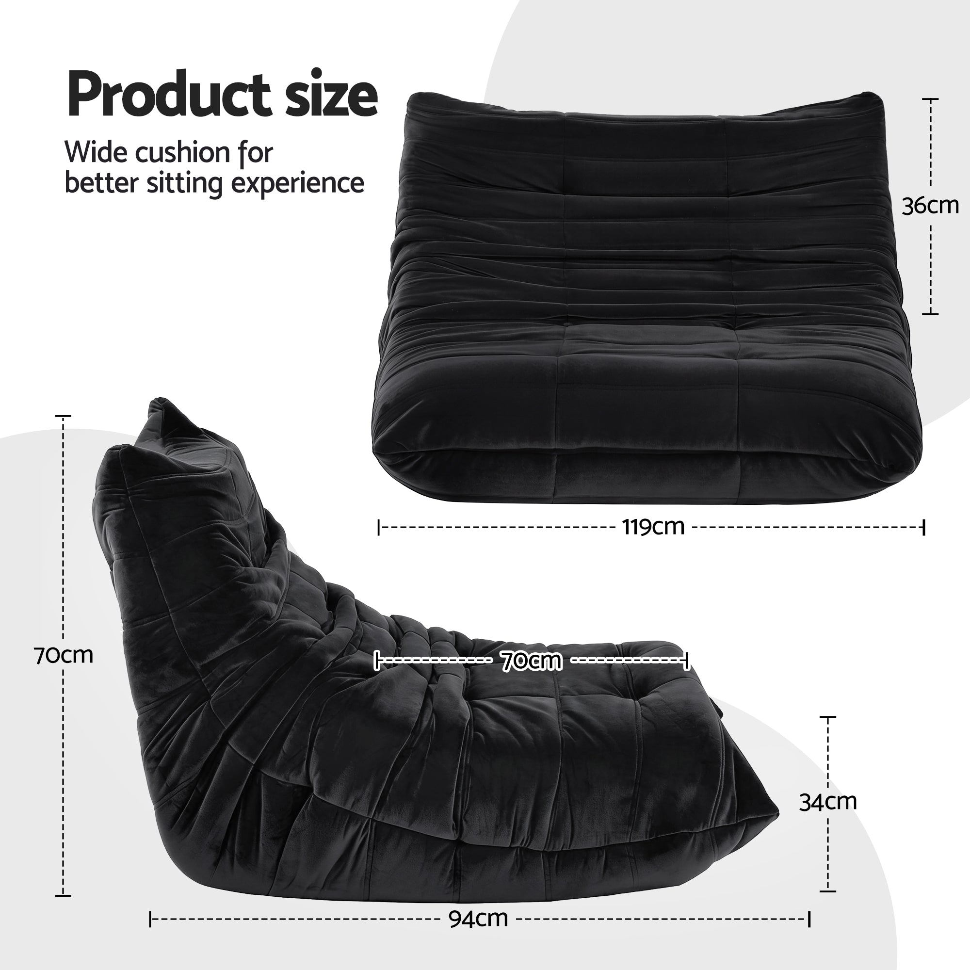Velvet Lazy Caterpillar Sofa - Black - Homecoze