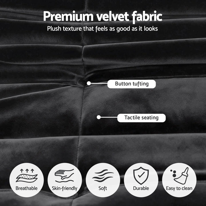 Velvet Lazy Caterpillar Sofa - Black