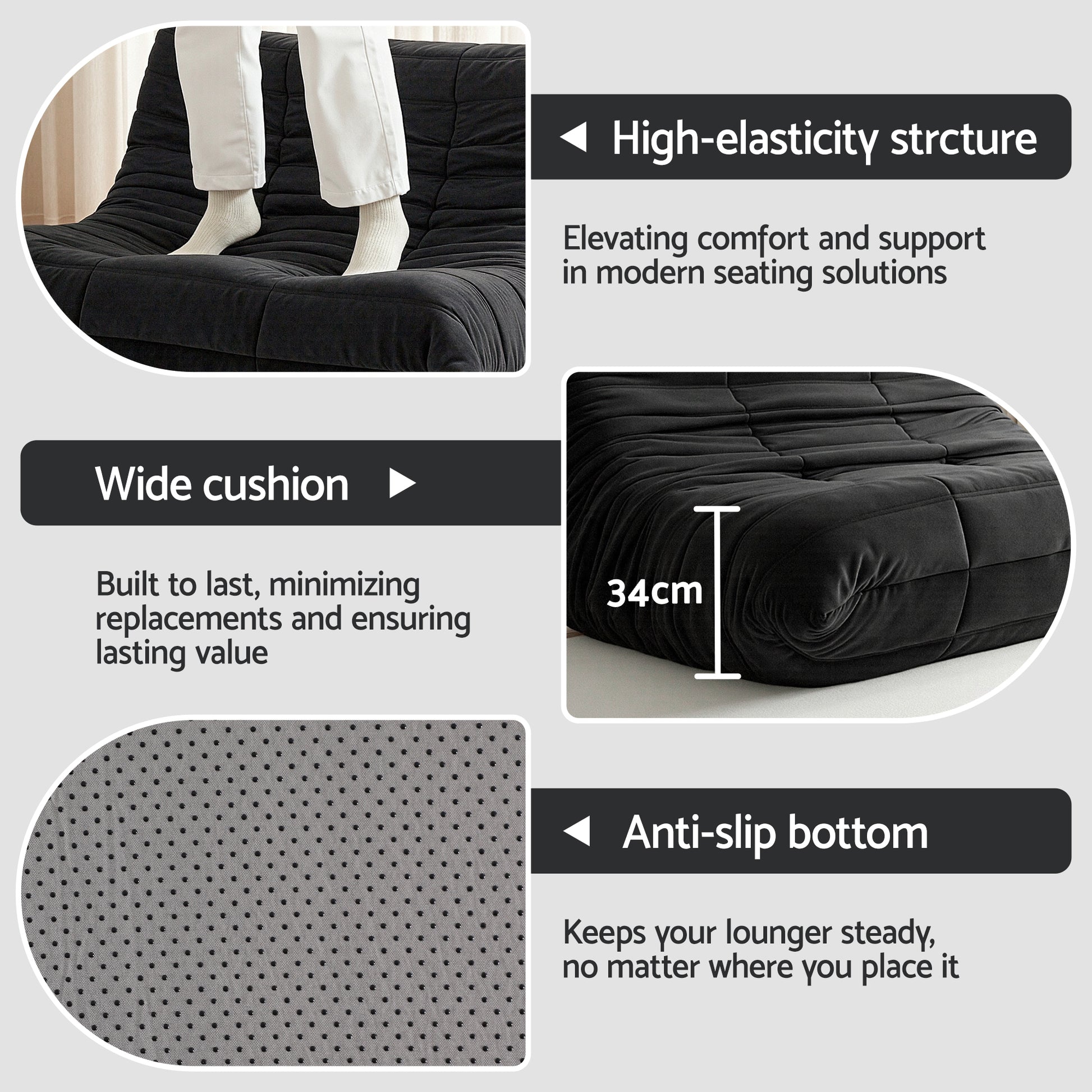 Velvet Lazy Caterpillar Sofa - Black - Homecoze