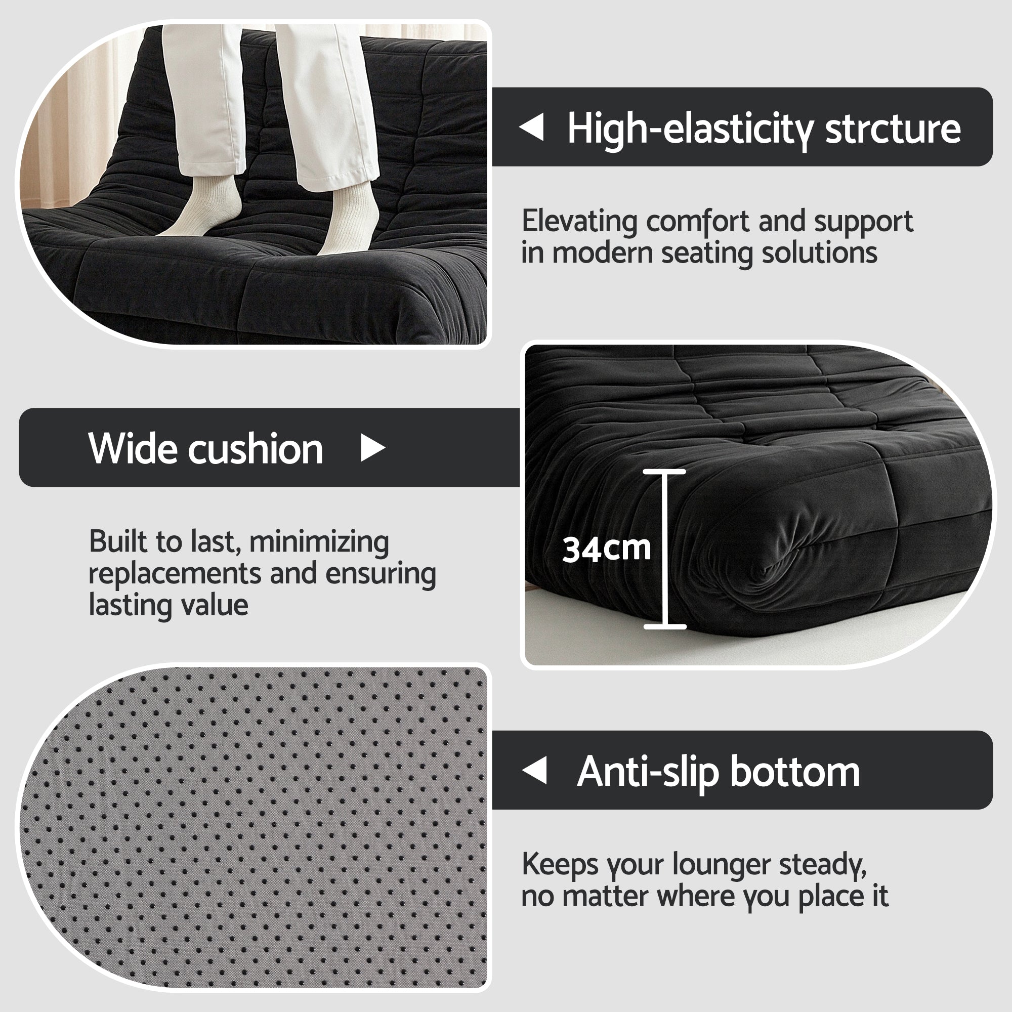Velvet Lazy Caterpillar Sofa - Black - Homecoze
