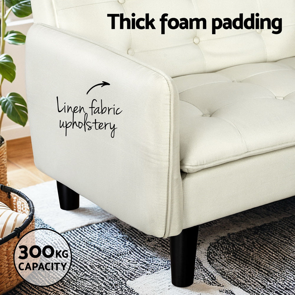 3-Seater Sofa Bed Faux Linen Fabric 192cm - Beige - Homecoze