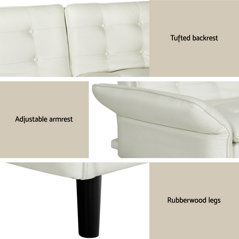 3-Seater Sofa Bed Faux Linen Fabric 192cm - Beige - Homecoze