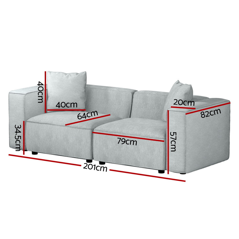 2-Seater Modular Sofa Chaise Lounge Chair Faux Linen Fabric - Grey - Homecoze