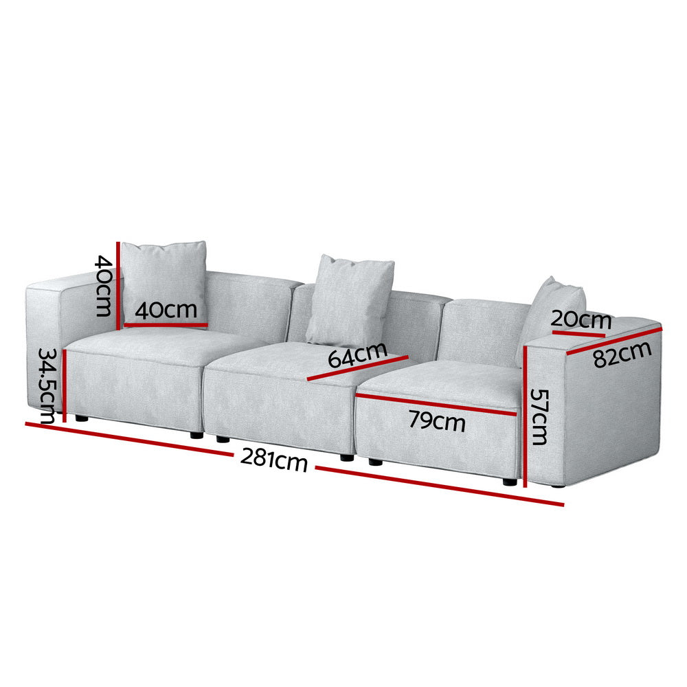 3-Seater Modular Sofa Chaise Lounge Chair Faux Linen Fabric - Grey - Homecoze