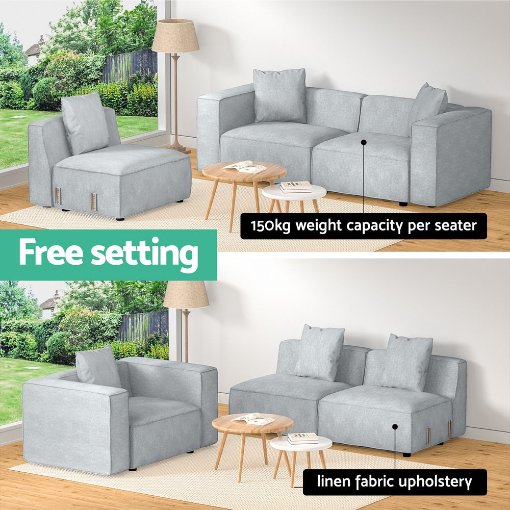 3-Seater Modular Sofa Chaise Lounge Chair Faux Linen Fabric - Grey - Homecoze