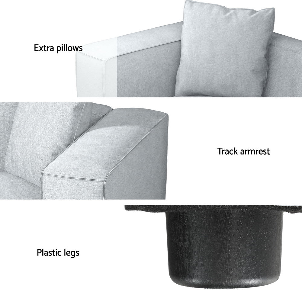 3-Seater Modular Sofa Chaise Lounge Chair Faux Linen Fabric - Grey - Homecoze