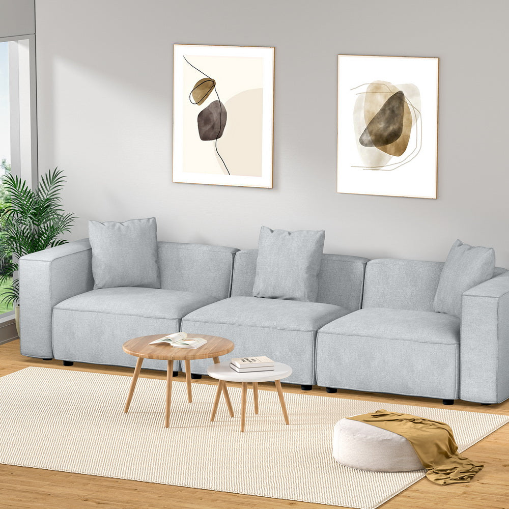 3-Seater Modular Sofa Chaise Lounge Chair Faux Linen Fabric - Grey - Homecoze