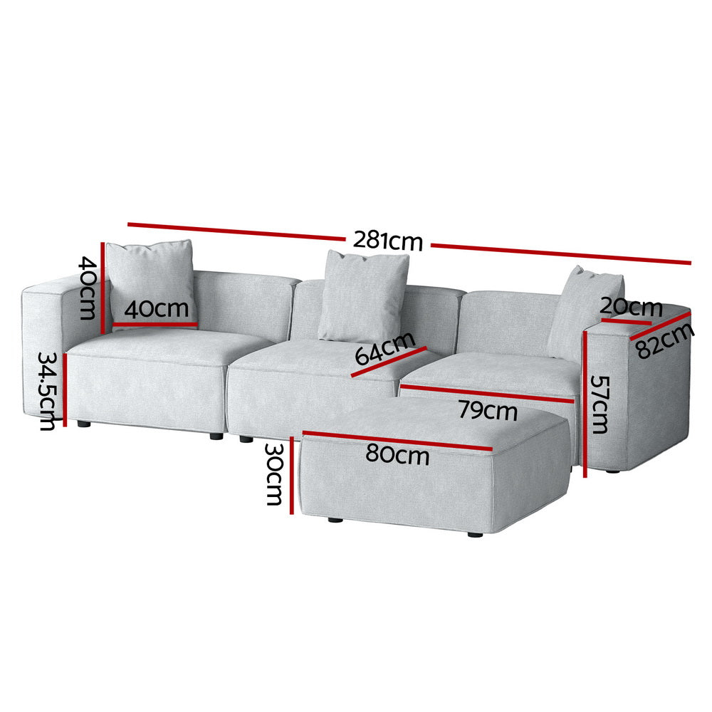 4-Seater Modular Sofa Chaise Lounge Chair Faux Linen Fabric - Grey - Homecoze
