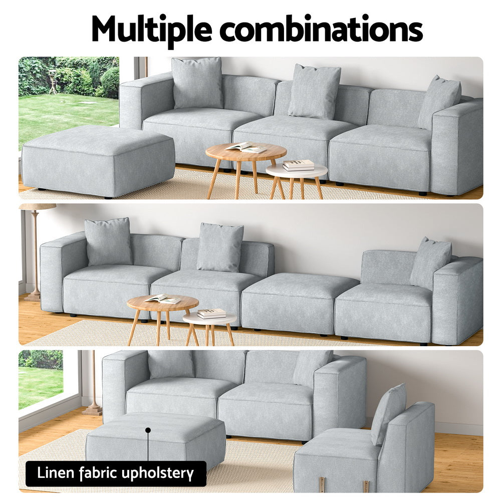 4-Seater Modular Sofa Chaise Lounge Chair Faux Linen Fabric - Grey