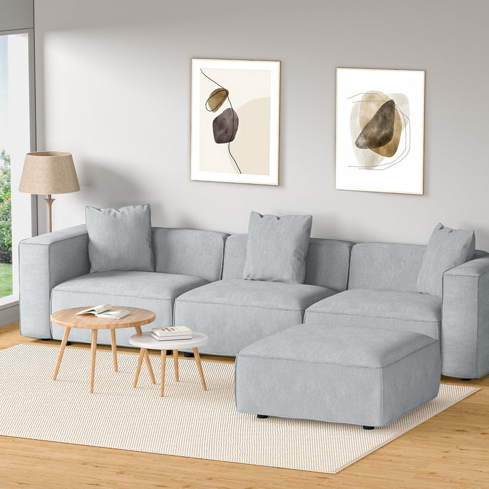 4-Seater Modular Sofa Chaise Lounge Chair Faux Linen Fabric - Grey - Homecoze