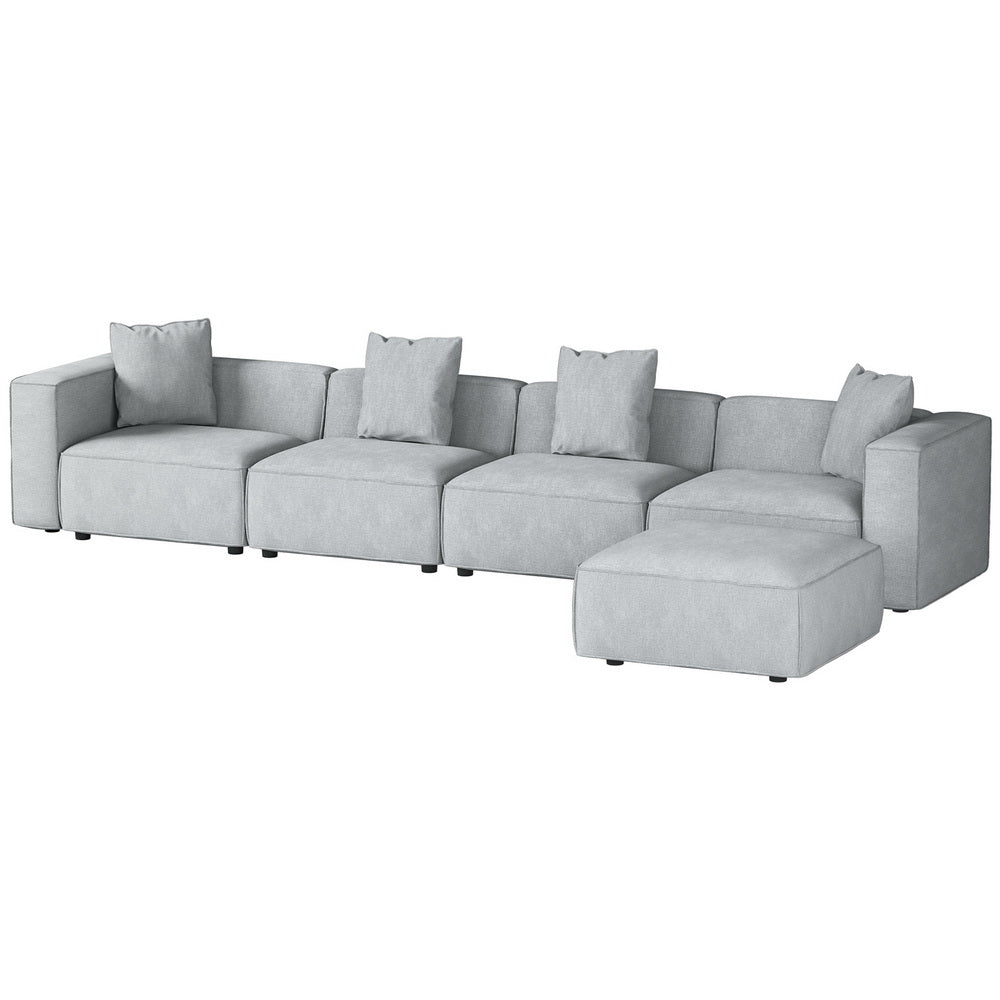 5-Seater Modular Sofa Chaise Lounge Chair Faux Linen Fabric - Grey - Homecoze