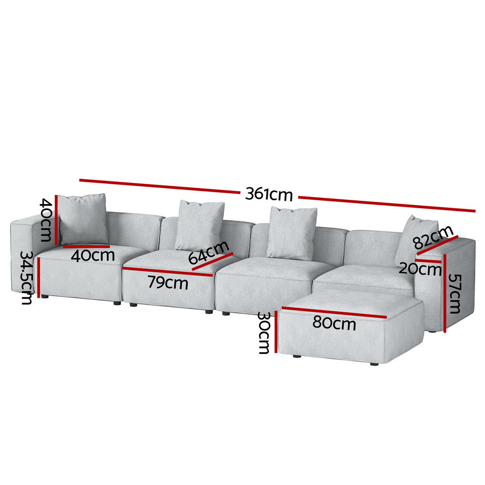 5-Seater Modular Sofa Chaise Lounge Chair Faux Linen Fabric - Grey - Homecoze
