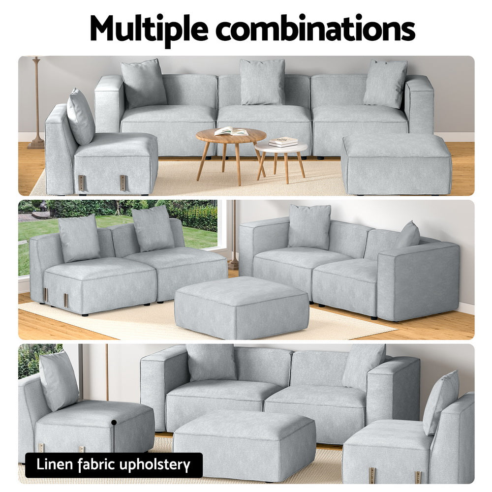 5-Seater Modular Sofa Chaise Lounge Chair Faux Linen Fabric - Grey