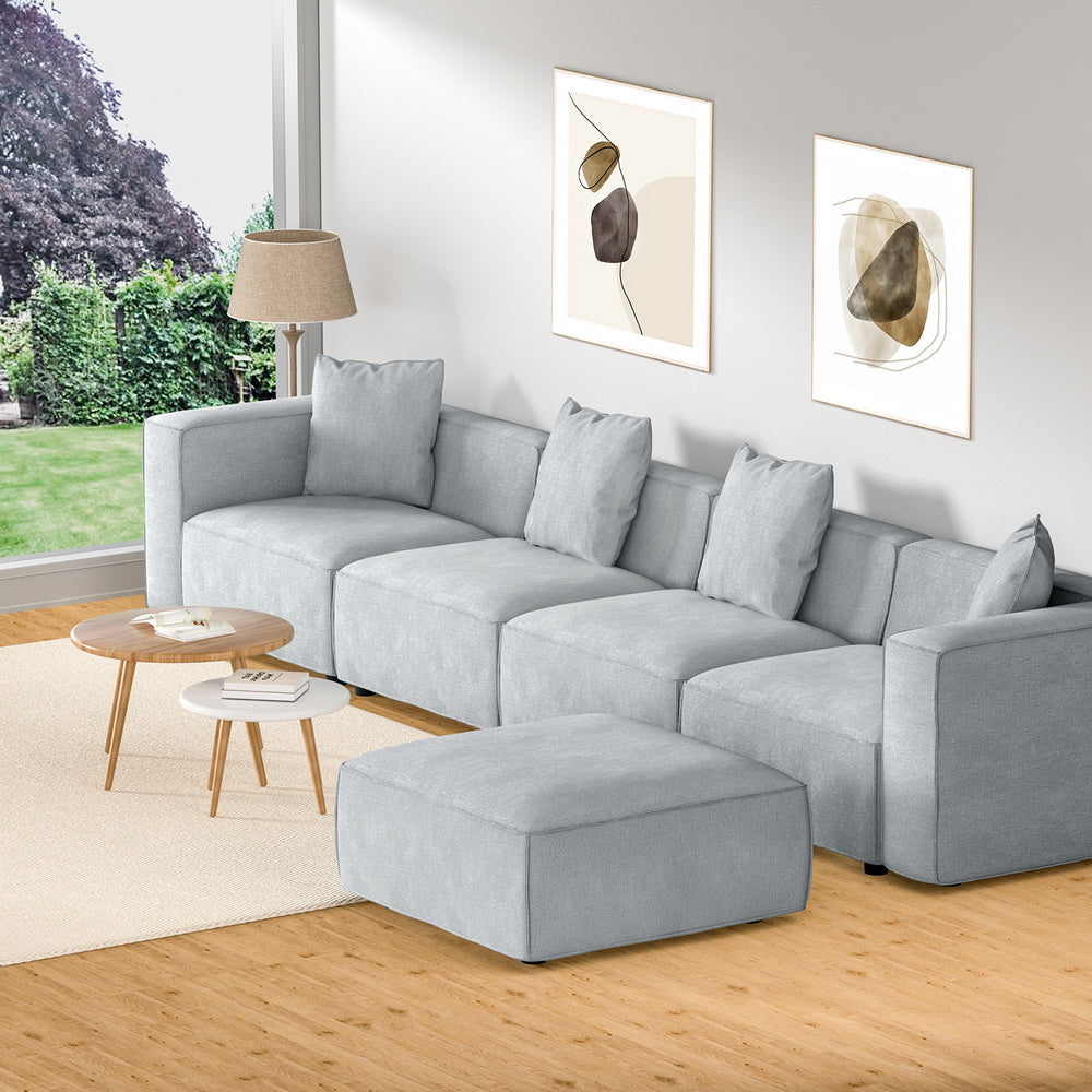 5-Seater Modular Sofa Chaise Lounge Chair Faux Linen Fabric - Grey - Homecoze