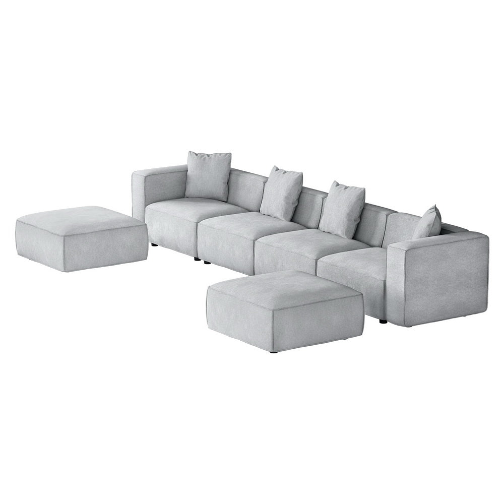 6-Seater Modular Sofa Chaise Lounge Chair Faux Linen Fabric - Grey - Homecoze