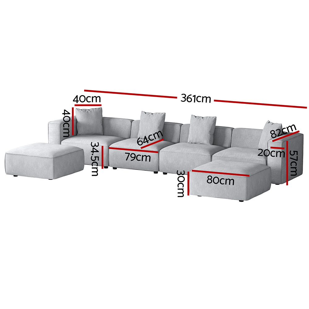 6-Seater Modular Sofa Chaise Lounge Chair Faux Linen Fabric - Grey