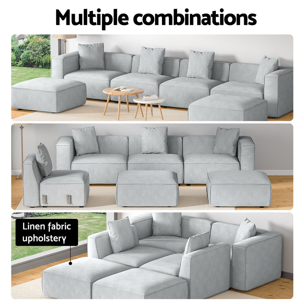 6-Seater Modular Sofa Chaise Lounge Chair Faux Linen Fabric - Grey - Homecoze