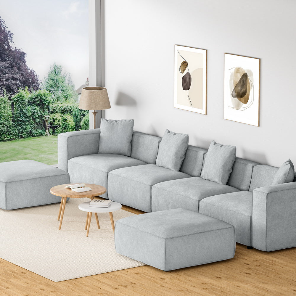 6-Seater Modular Sofa Chaise Lounge Chair Faux Linen Fabric - Grey