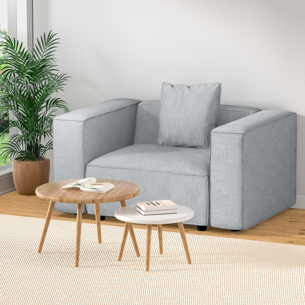 1-Seater Modular Sofa Chaise Lounge Chair Faux Linen Fabric - Grey - Homecoze