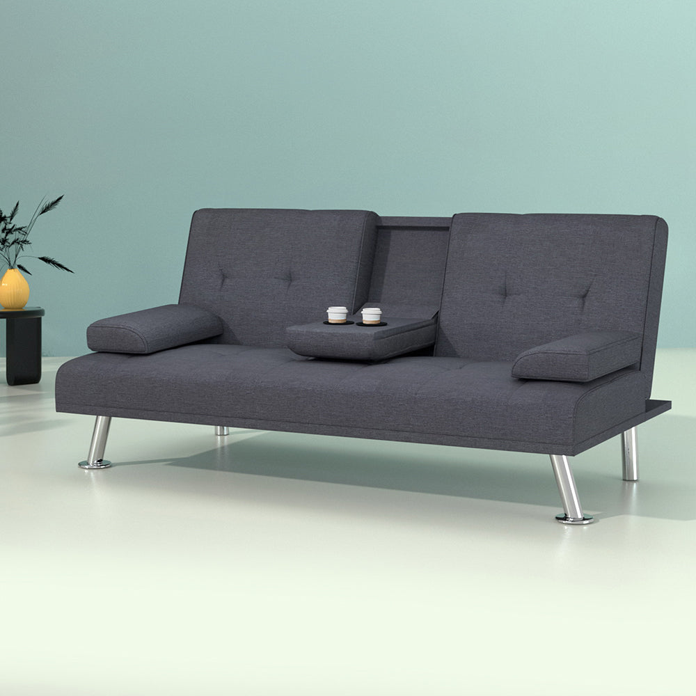 3 Seater Linen Fabric Sofa Bed Futon Lounge - Dark Grey - Homecoze