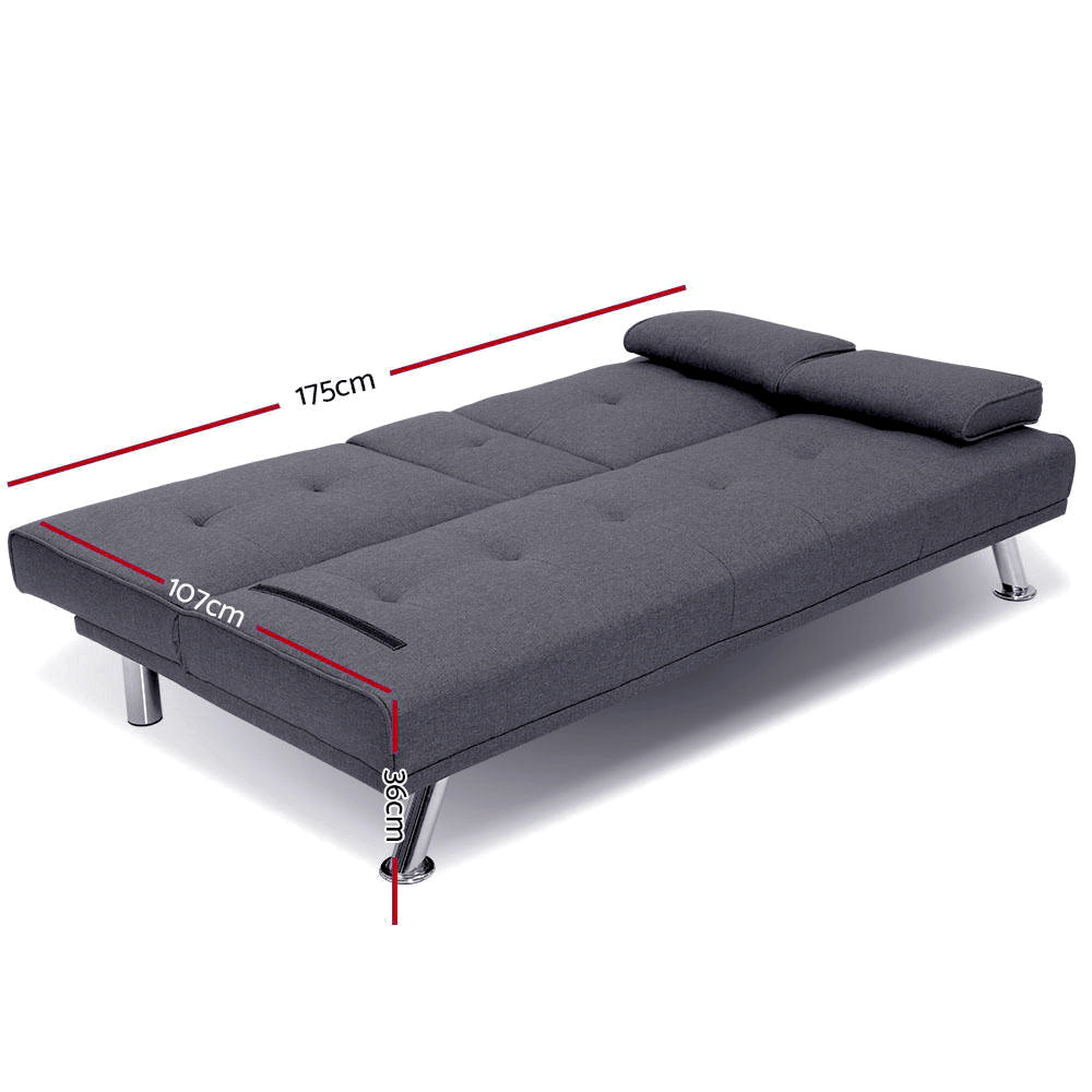 3 Seater Linen Fabric Sofa Bed Futon Lounge - Dark Grey - Homecoze