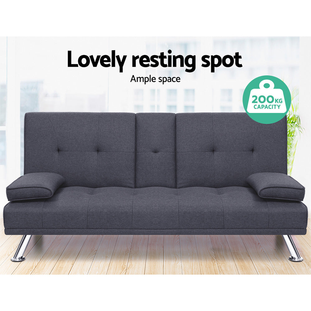 3 Seater Linen Fabric Sofa Bed Futon Lounge - Dark Grey - Homecoze