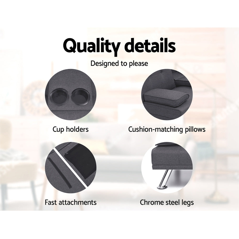 3 Seater Linen Fabric Sofa Bed Futon Lounge - Dark Grey - Homecoze