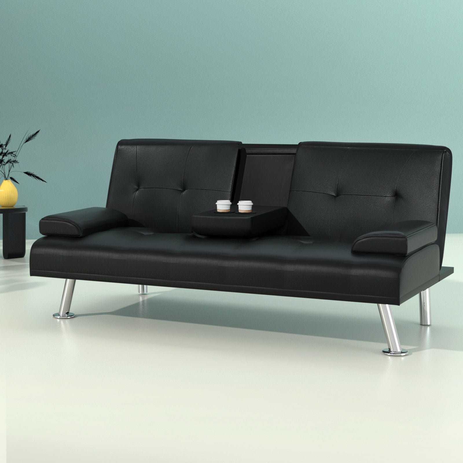 3 Seater PU Leather Sofa Bed Futon Lounge - Black - Homecoze