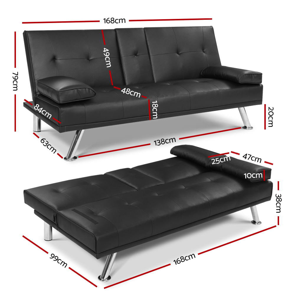 3 Seater PU Leather Sofa Bed Futon Lounge - Black - Homecoze