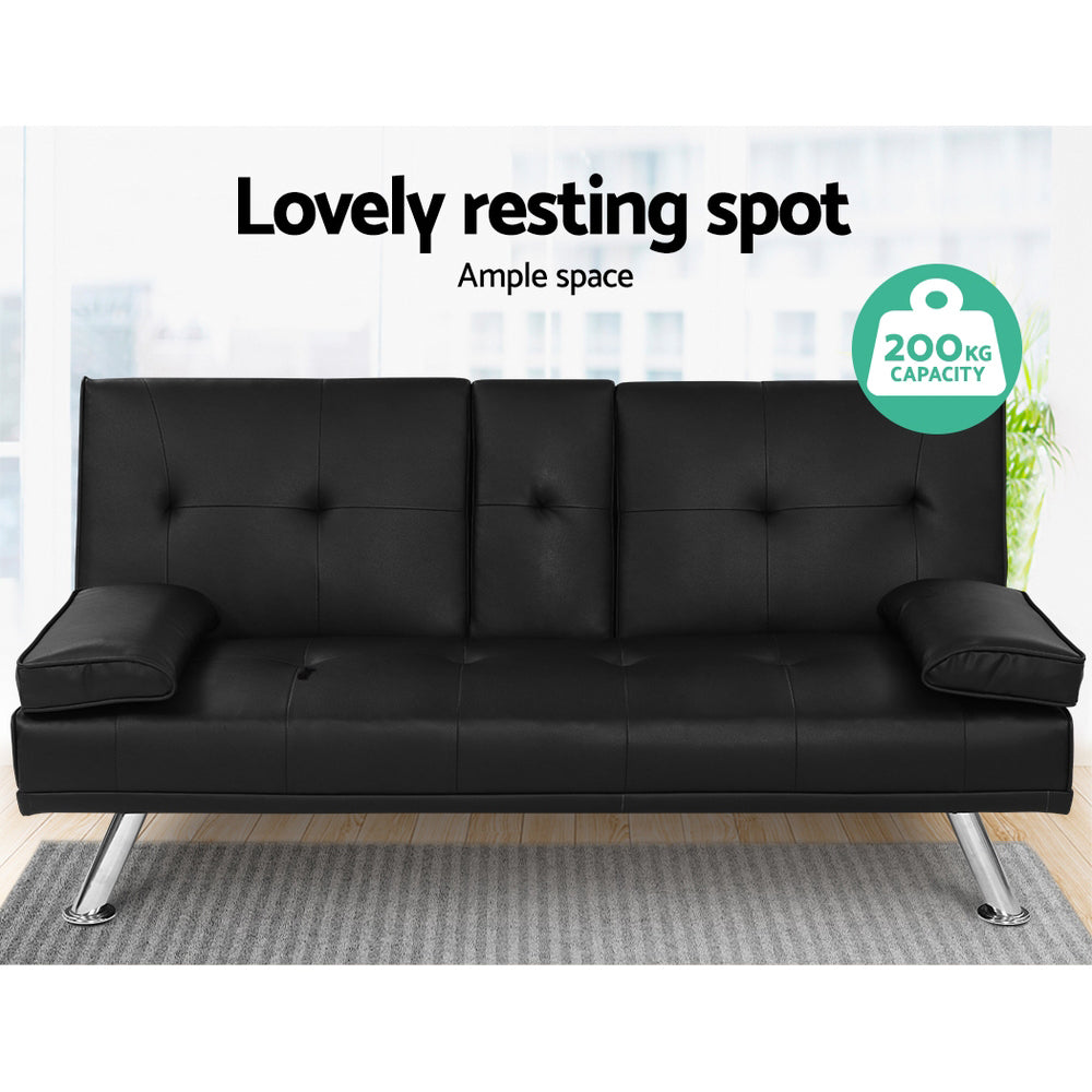 3 Seater PU Leather Sofa Bed Futon Lounge - Black - Homecoze