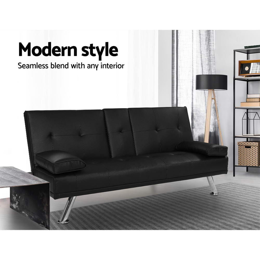 3 Seater PU Leather Sofa Bed Futon Lounge - Black - Homecoze