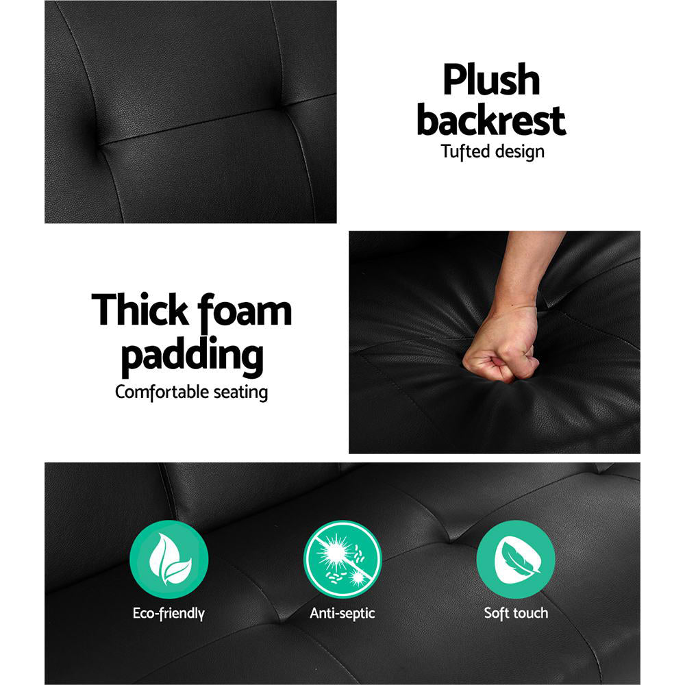 3 Seater PU Leather Sofa Bed Futon Lounge - Black - Homecoze