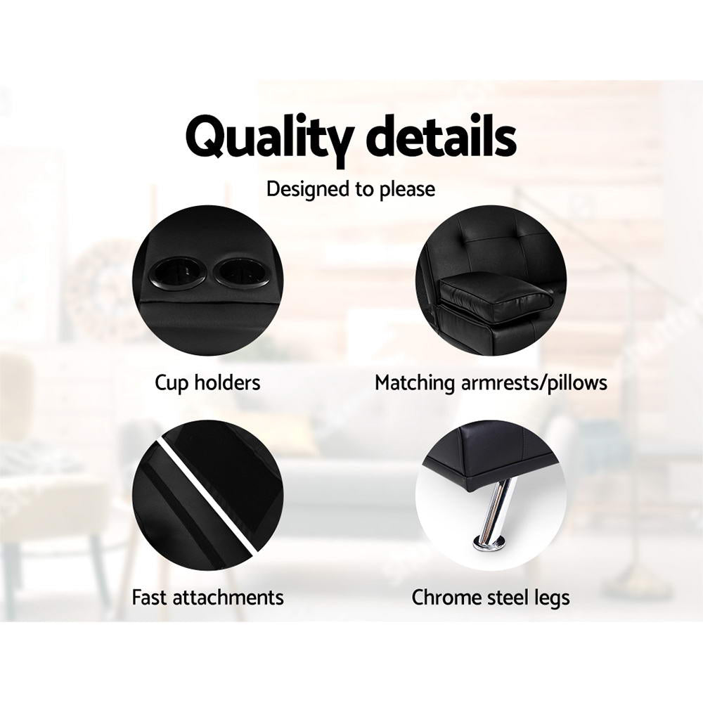 3 Seater PU Leather Sofa Bed Futon Lounge - Black - Homecoze