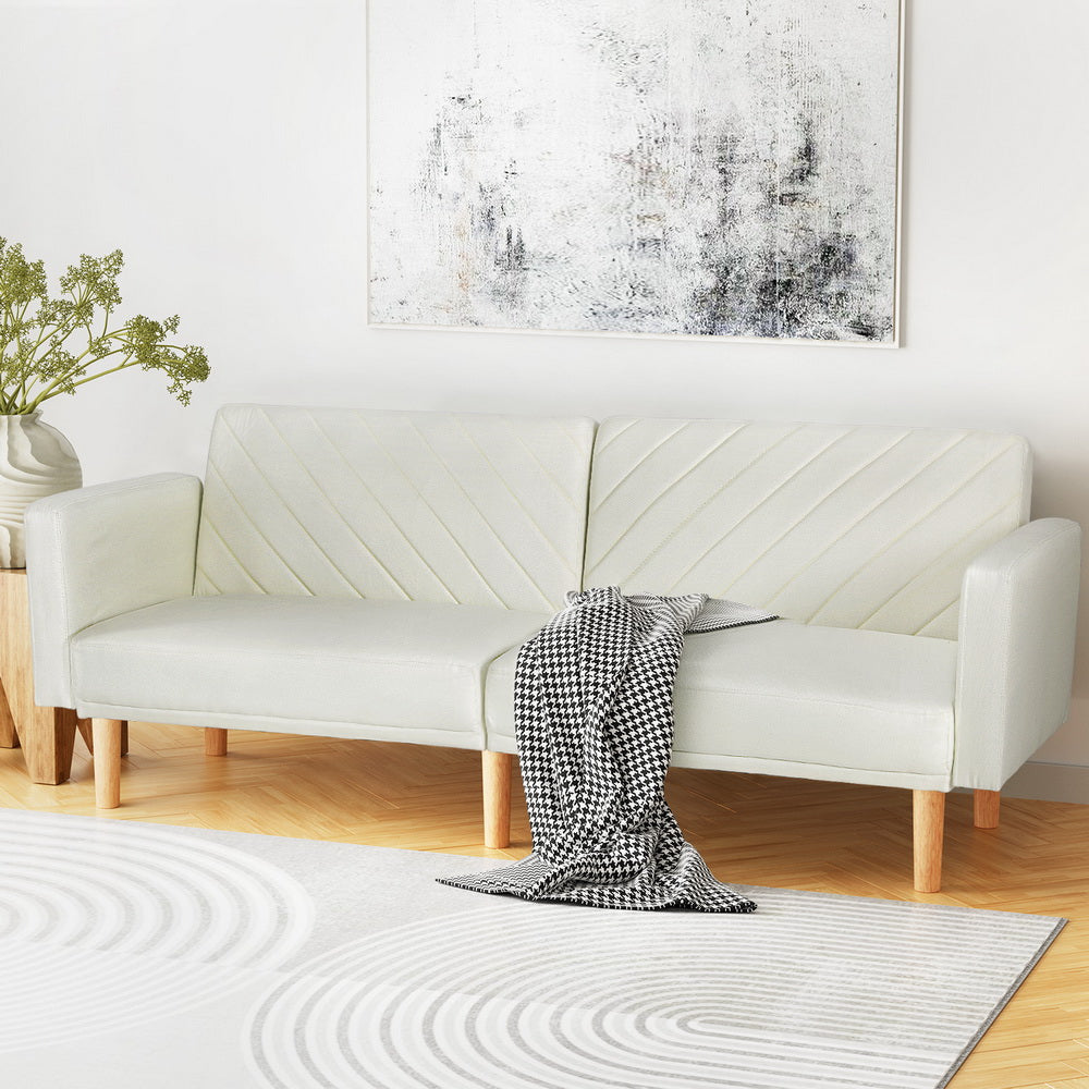 3-Seater Sofa Bed Faux Linen Fabric 195cm - Beige & Pine - Homecoze