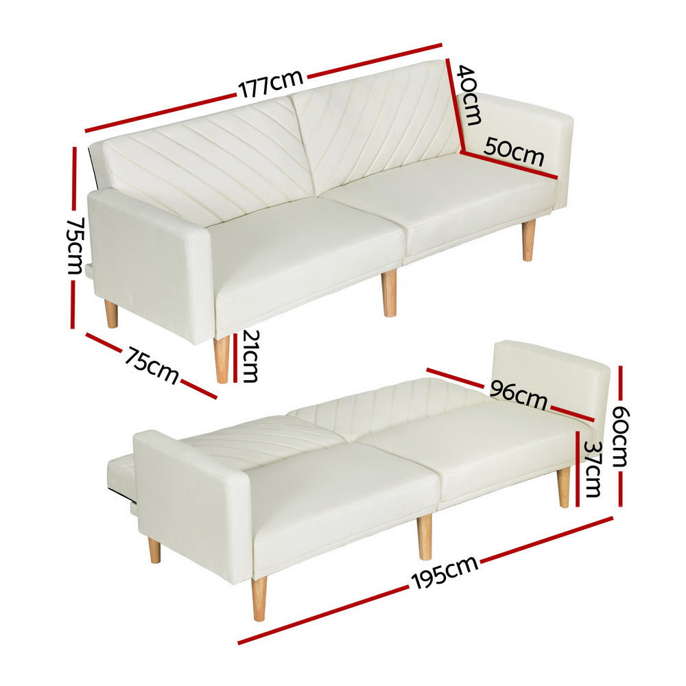 3-Seater Sofa Bed Faux Linen Fabric 195cm - Beige & Pine - Homecoze