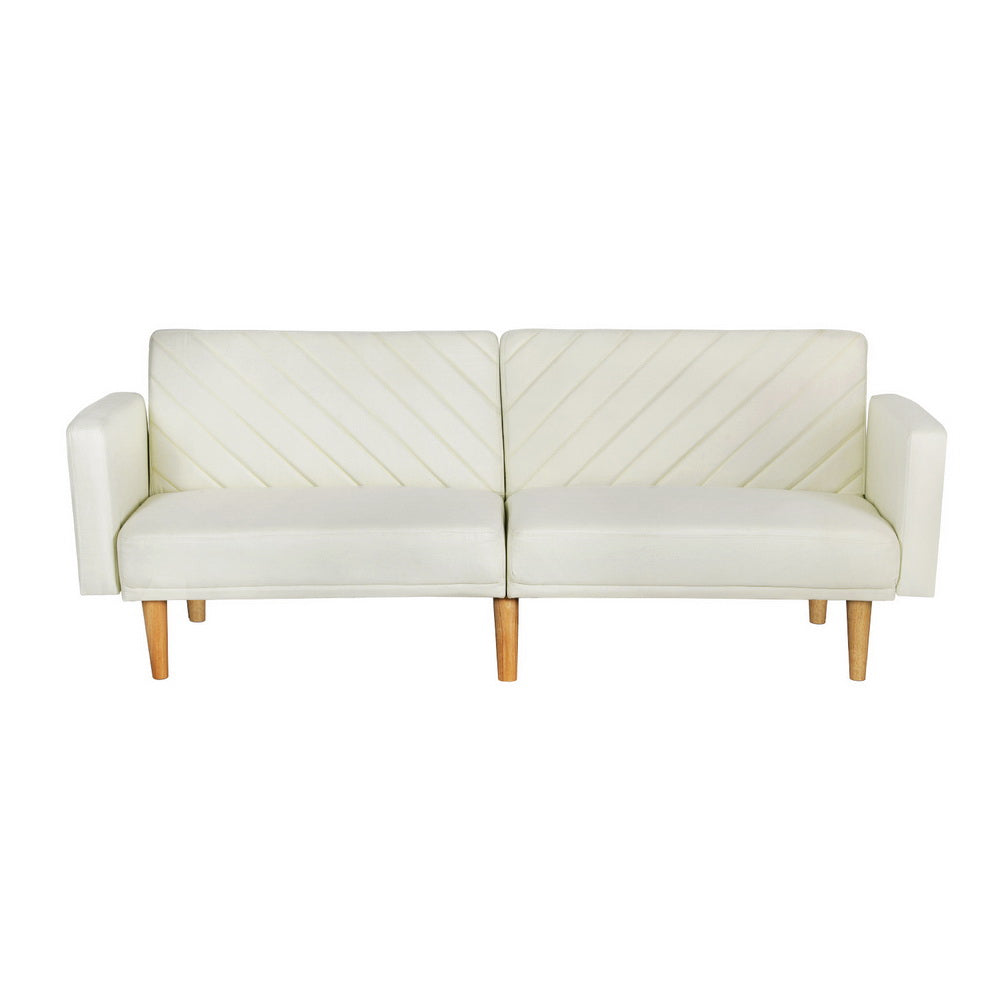 3-Seater Sofa Bed Faux Linen Fabric 195cm - Beige & Pine - Homecoze
