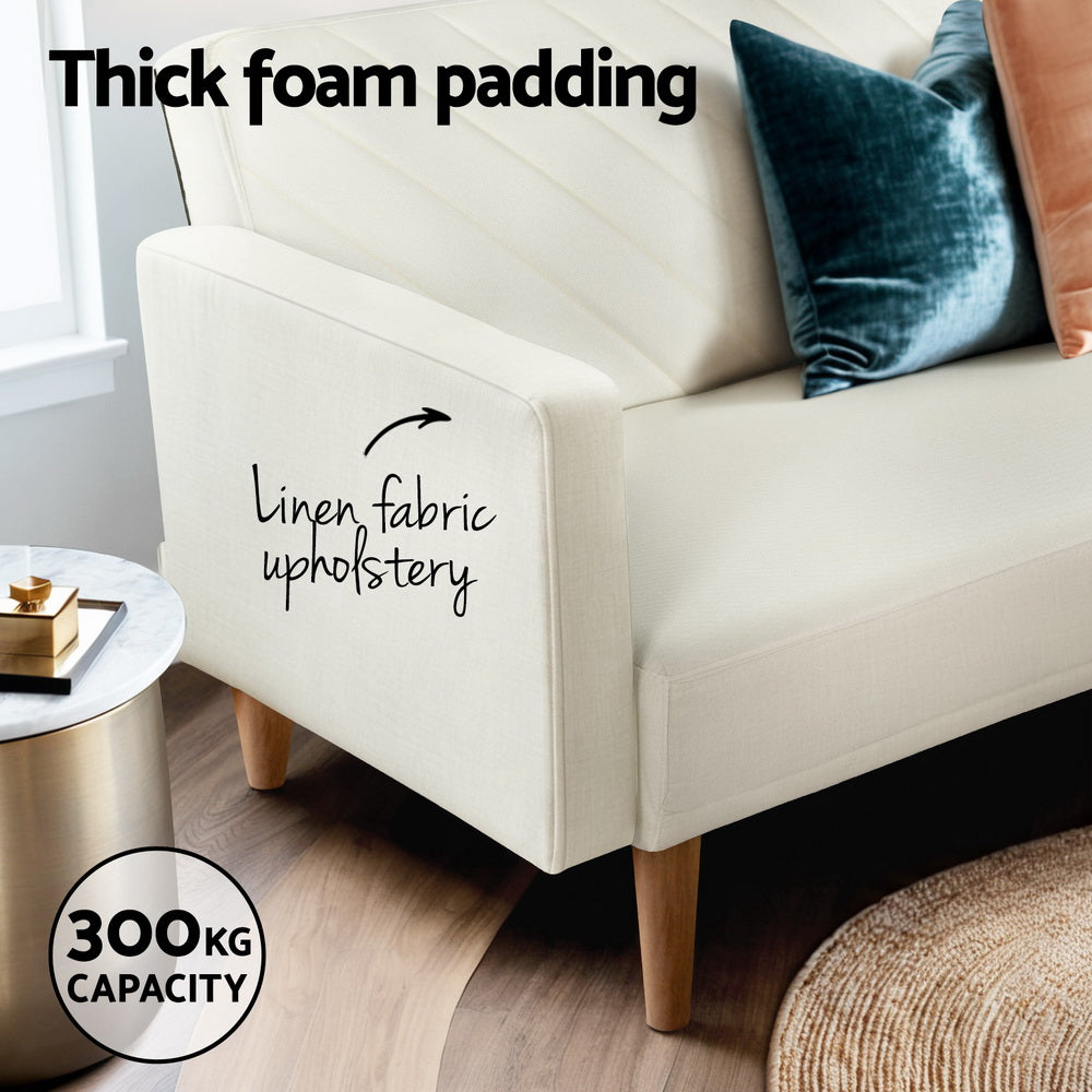 3-Seater Sofa Bed Faux Linen Fabric 195cm - Beige & Pine - Homecoze