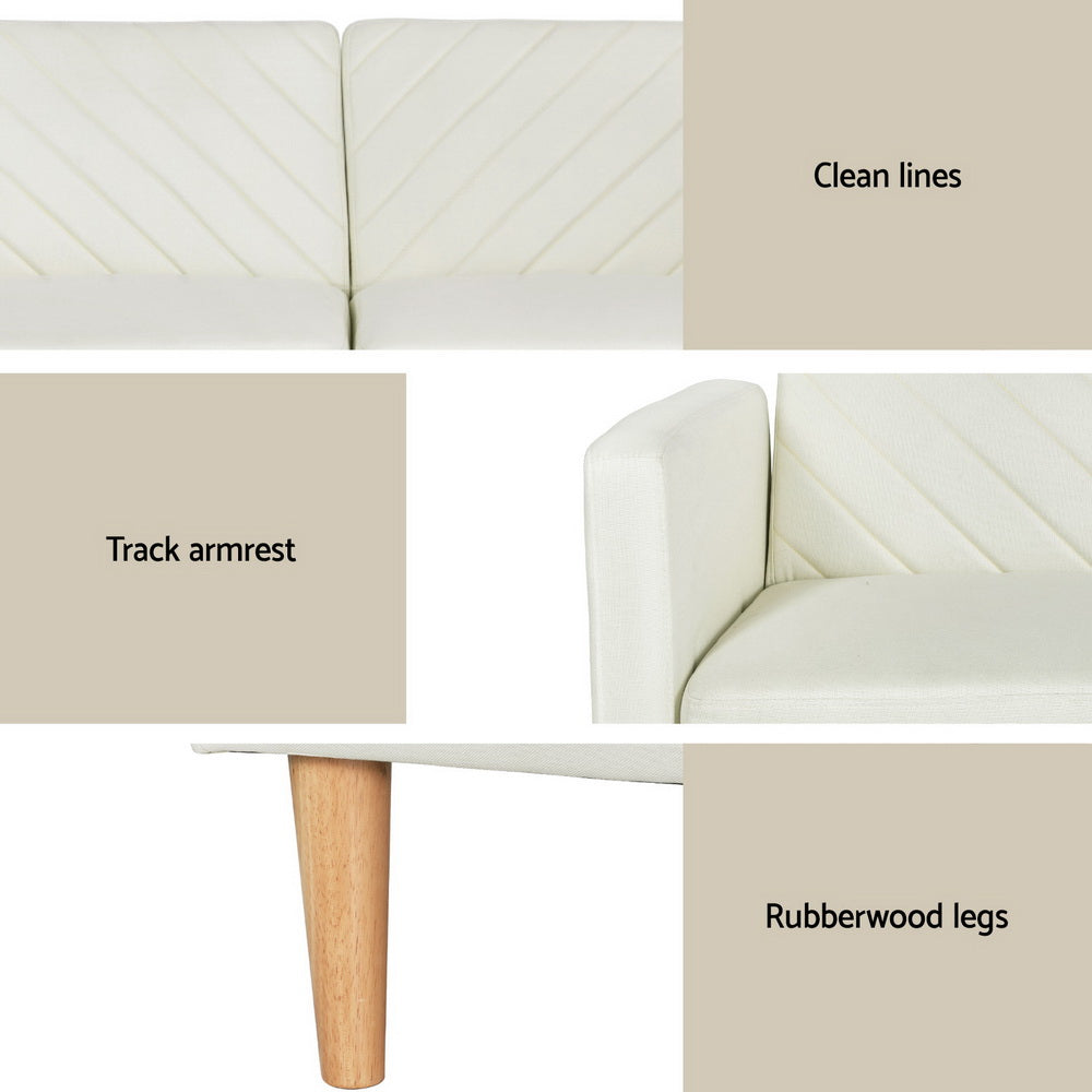 3-Seater Sofa Bed Faux Linen Fabric 195cm - Beige & Pine - Homecoze