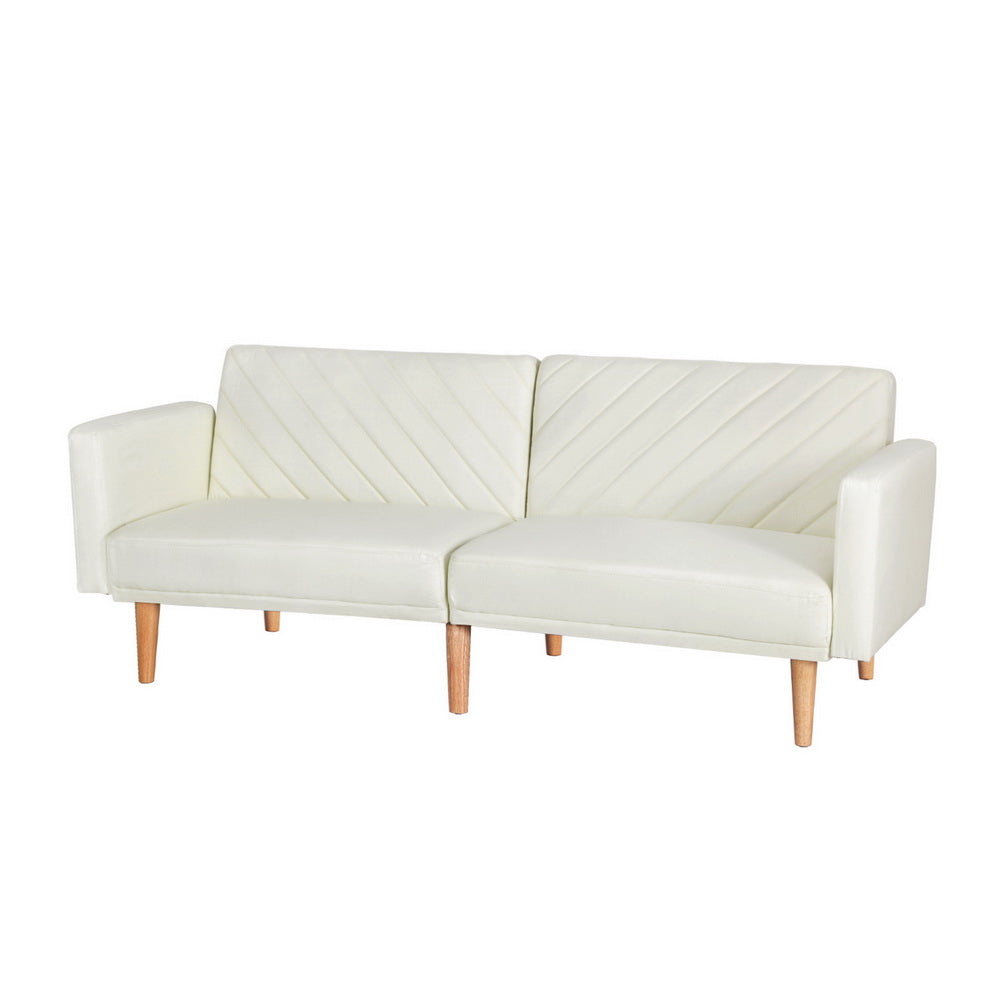 3-Seater Sofa Bed Faux Linen Fabric 195cm - Beige & Pine - Homecoze