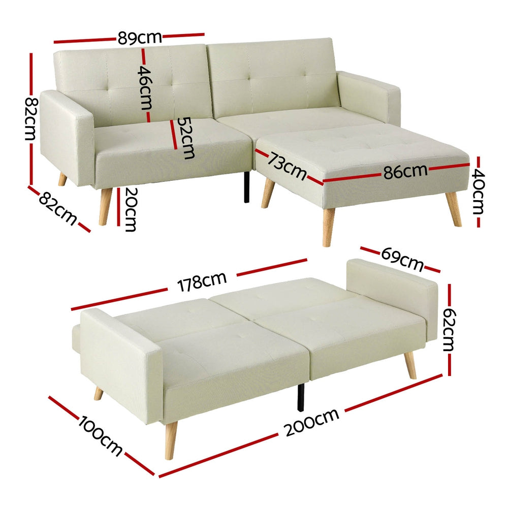 Sofa Bed with Ottoman Faux Linen Fabric 200cm - Beige