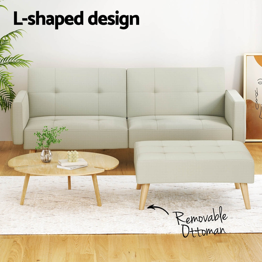 Sofa Bed with Ottoman Faux Linen Fabric 200cm - Beige - Homecoze
