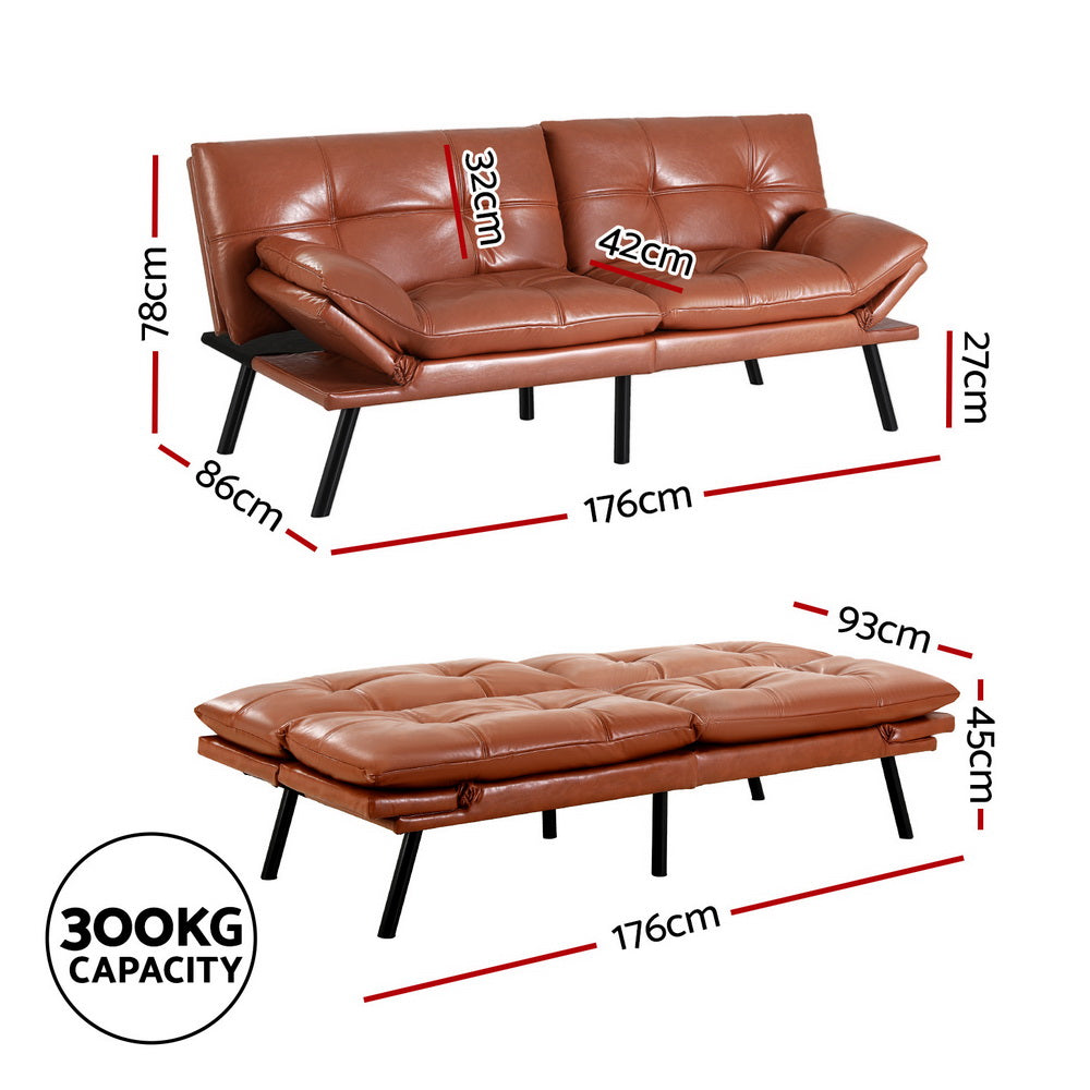3-Seater PU Leather Sofa Bed - Brown - Homecoze