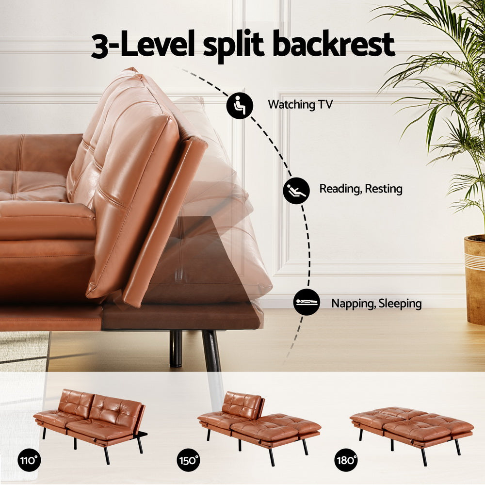 3-Seater PU Leather Sofa Bed - Brown - Homecoze
