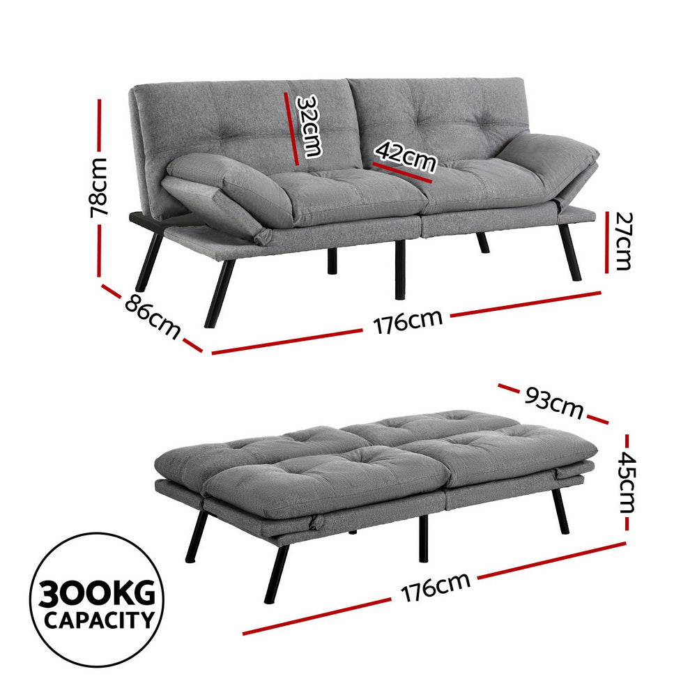 3-Seater Linen Style Fabric Sofa Bed - Grey - Homecoze