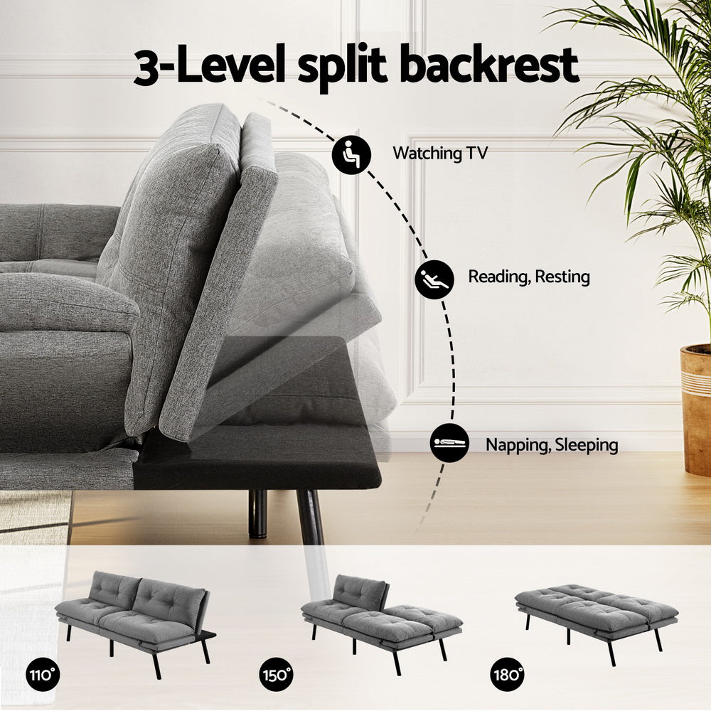 3-Seater Linen Style Fabric Sofa Bed - Grey - Homecoze