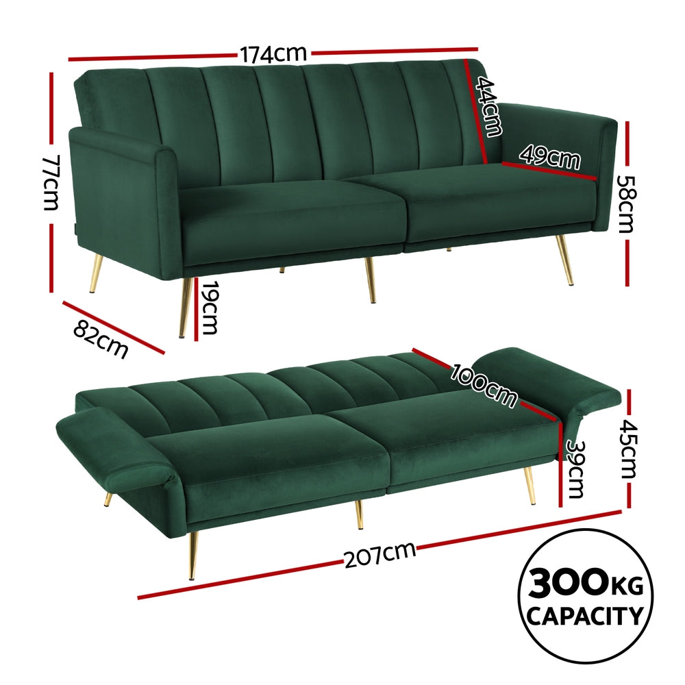 3 Seater Sofa Bed Velvet Lounge - Green - Homecoze