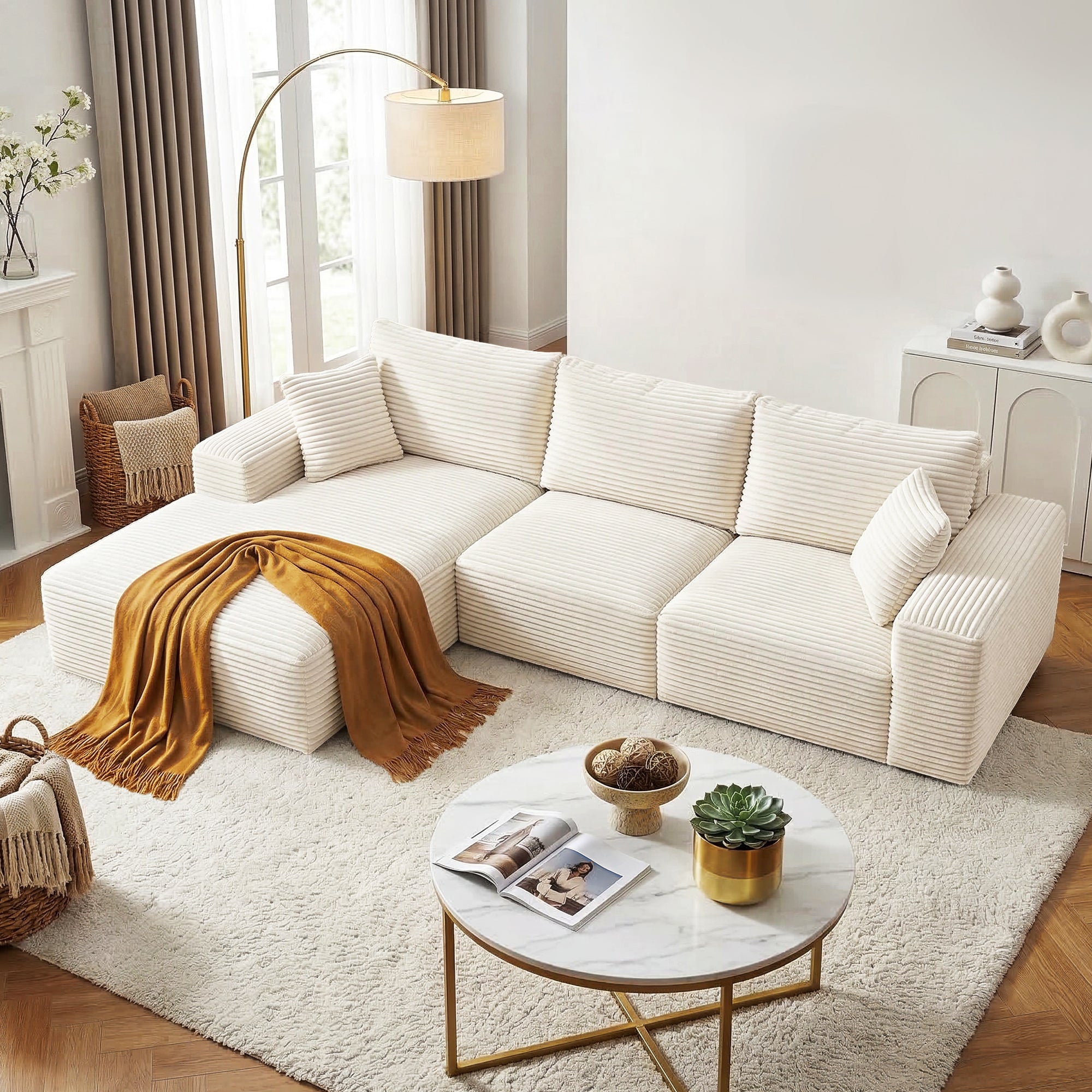 Artiss 3 Seater Modular Sofa Bed Sectional Boneless Couches for Living Room Corduroy Compressed Sofa White - Homecoze